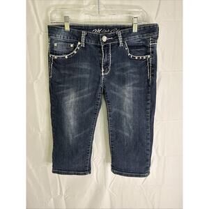 Miss Chic Women's Blue Jeans 9 Junior Denim Stretch Crop Capri Flap Pocket Studs